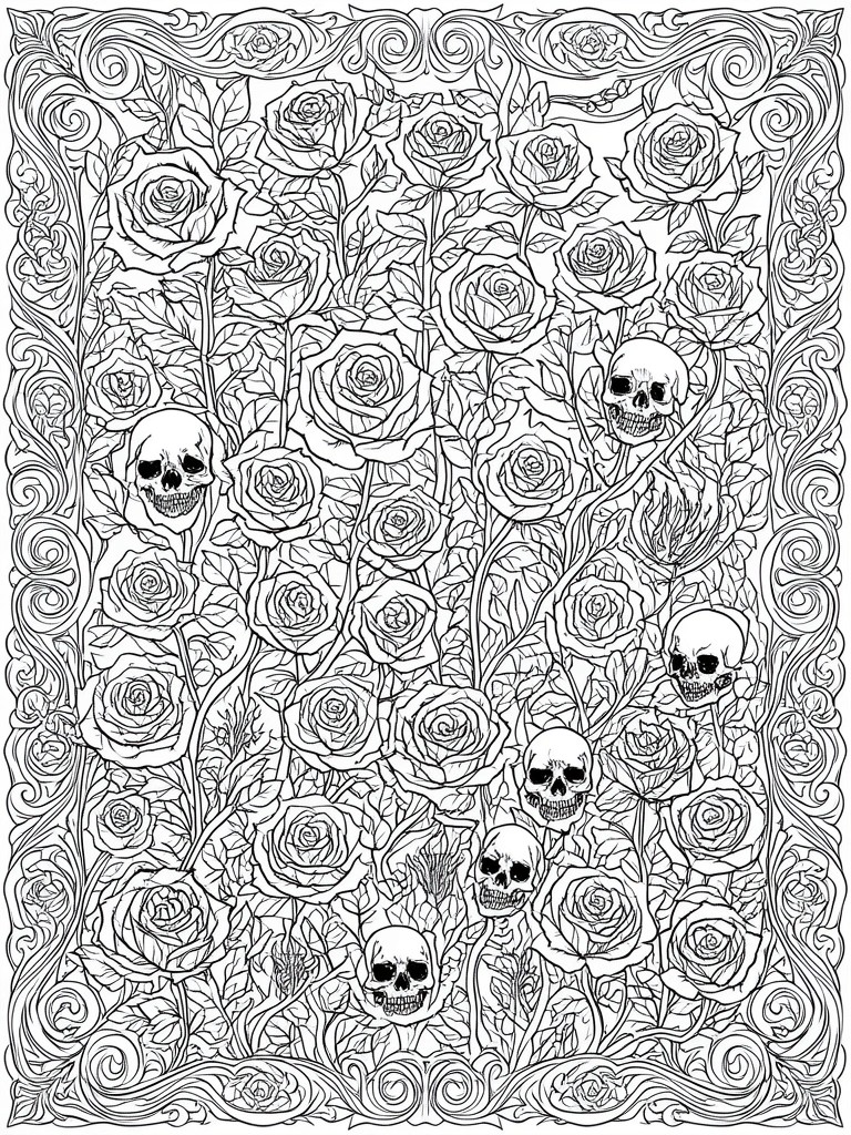 Intricate line art of skulls nestled among dense roses and ornate swirling vines.
