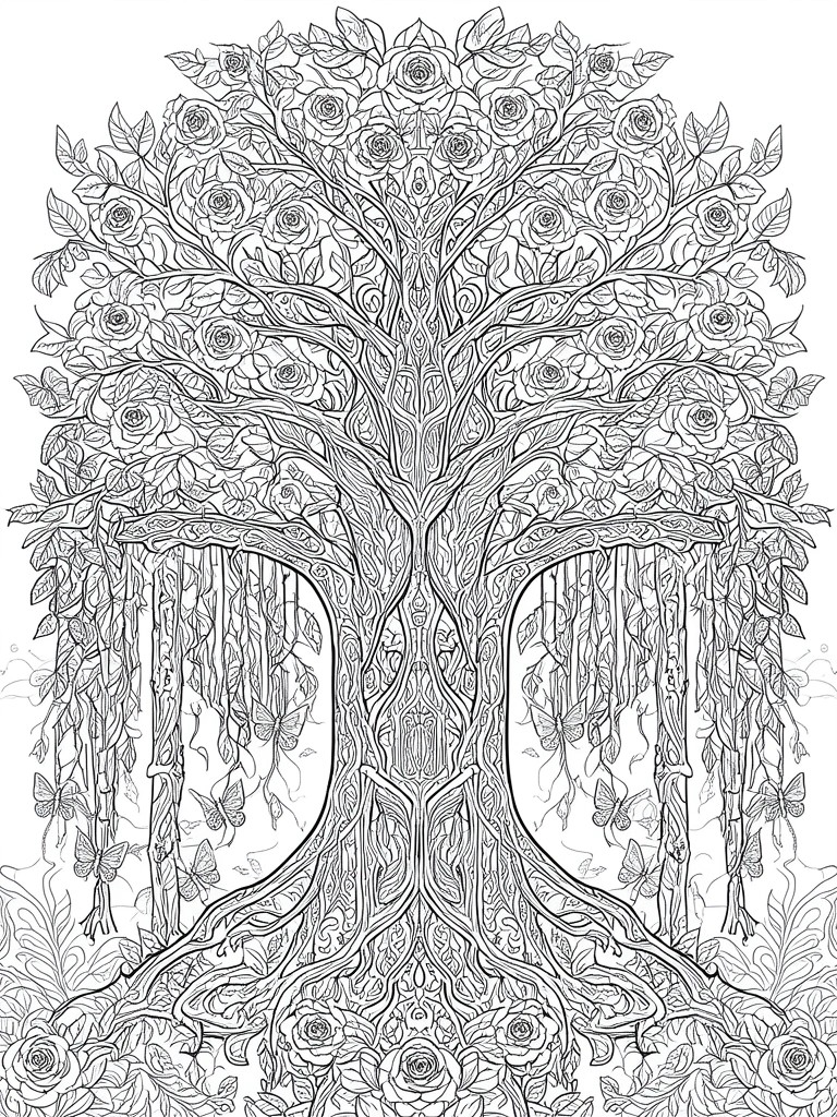 Intricate black-and-white line art of a rose-covered tree with butterflies and arched roots.