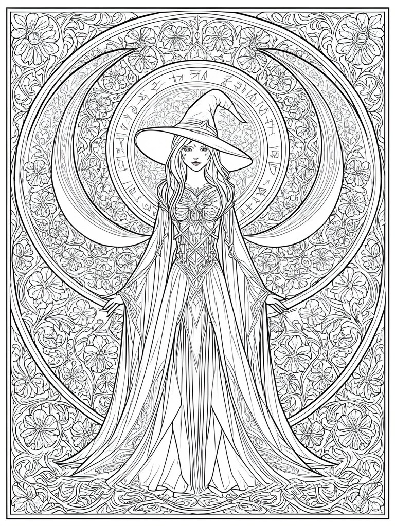 A black and white line drawing of a witch in a pointed hat and detailed robes standing inside layered circular frames filled with flowers and symbols.