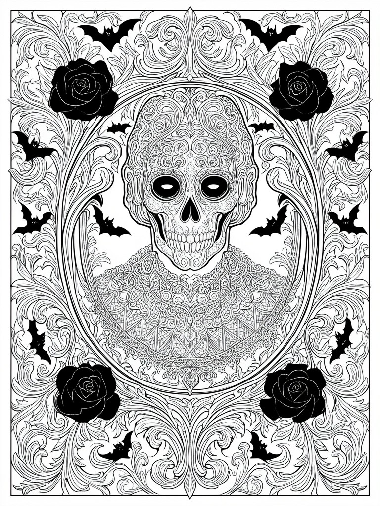 A black and white coloring page with a central ornate skull inside an oval frame, surrounded by four black roses, multiple bats, and intricate swirling patterns.