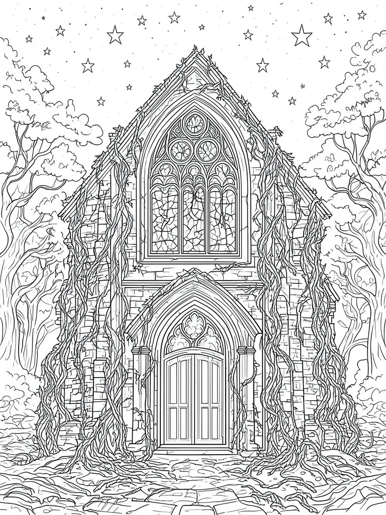 A black and white line drawing of a gothic cathedral ruins covered in vines under a starry sky with trees on both sides.