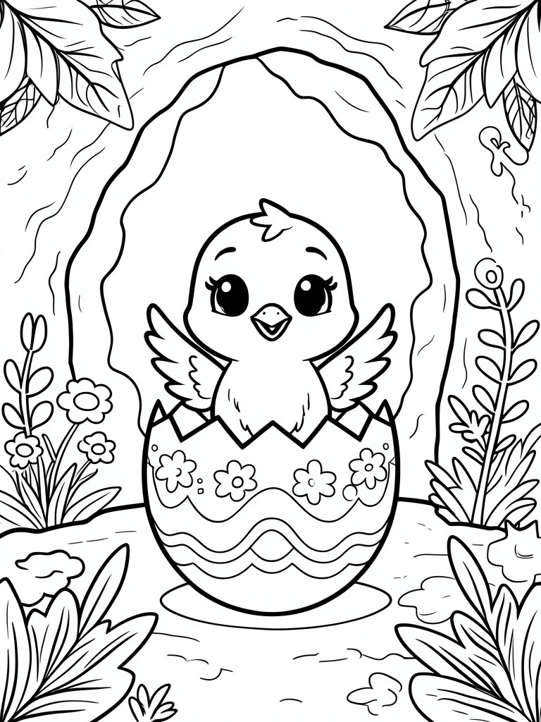 Cute chick with wings spread hatching from a floral-patterned Easter egg amid plants