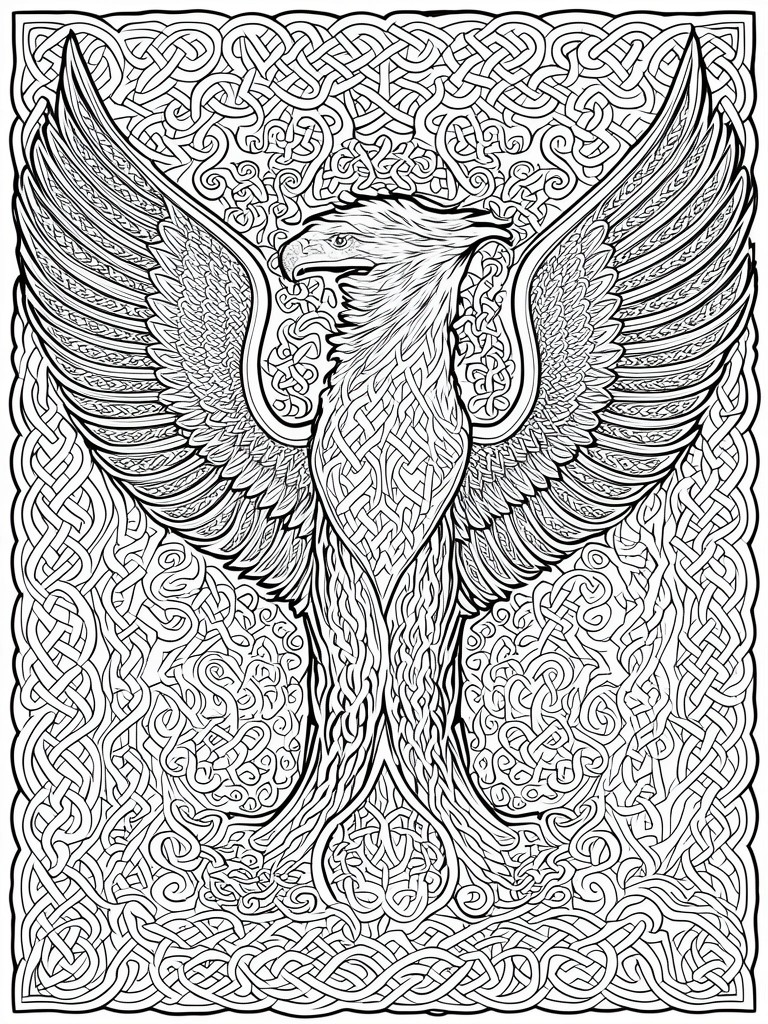 A black and white coloring page of a phoenix with spread wings and a long tail, covered in Celtic knot patterns with a matching knot border.