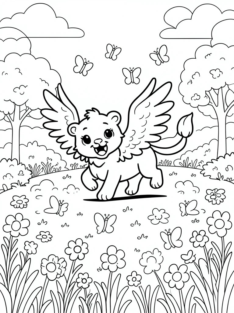 Cartoon winged lion cub walking in a meadow amid flowers, butterflies, trees and clouds