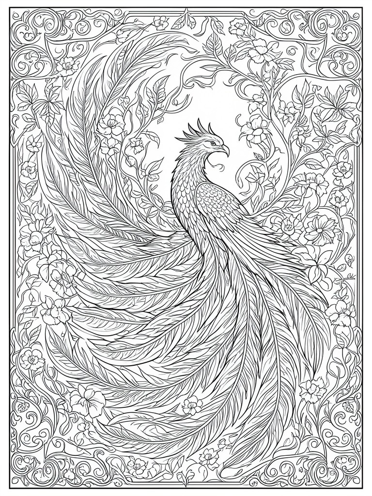 Ornate black-and-white line art of a phoenix amid flowers and swirling vines.