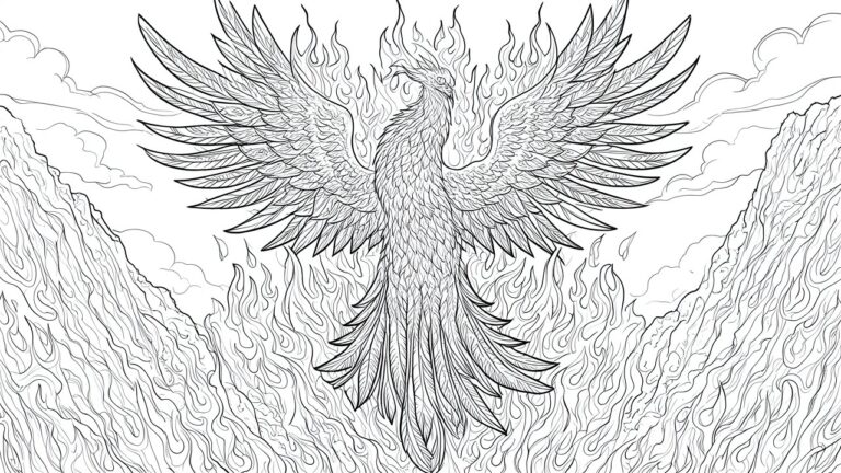 A black and white line drawing of a phoenix with spread wings on a rocky cliff surrounded by flames.