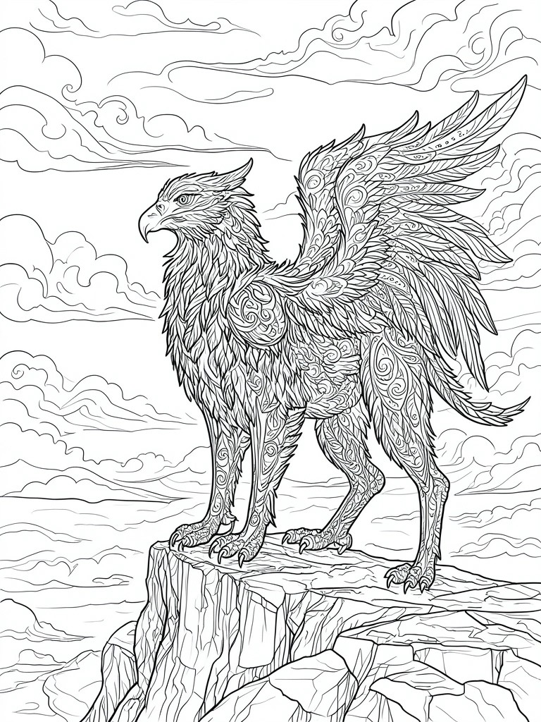 Mythical griffin with intricate patterns perched on rocky cliff under swirling clouds