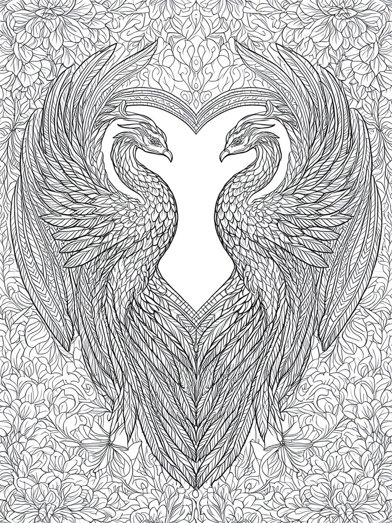 Two phoenixes with wings and tails forming a heart amid floral patterns