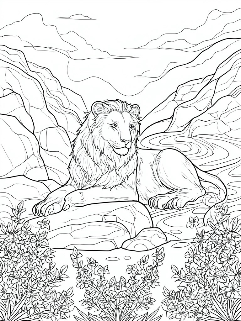 Majestic lion reclines on rocks amid mountains, stream, and wildflowers in line art.