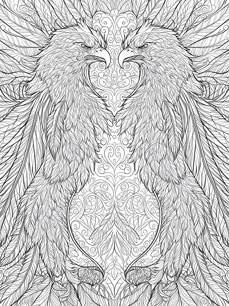 Two fierce eagles facing each other in ornate black-and-white line art.