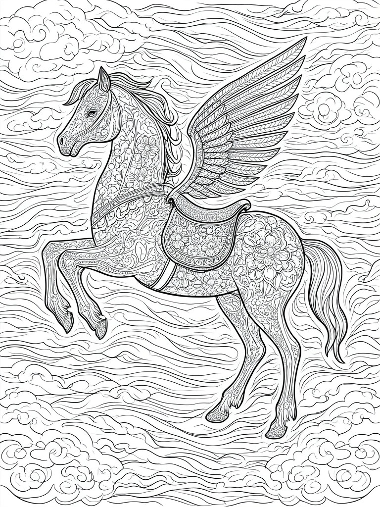 Intricate floral-patterned Pegasus with saddle soaring through swirling clouds in line art