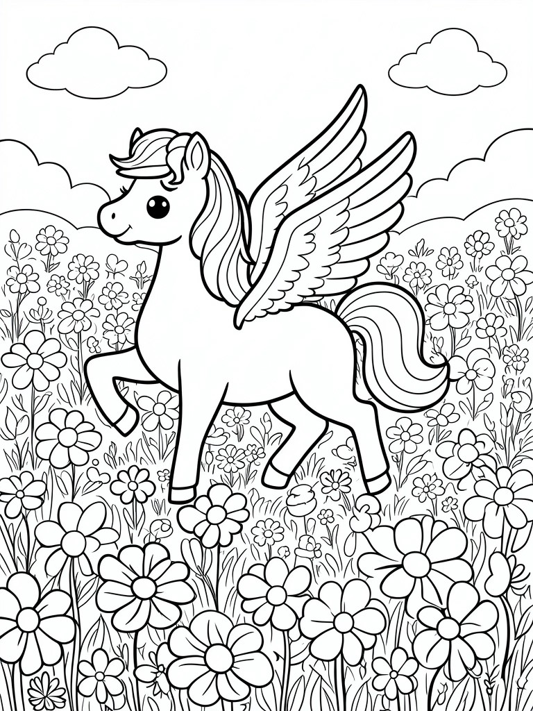 Black-and-white line drawing of a winged horse among flowers under clouds