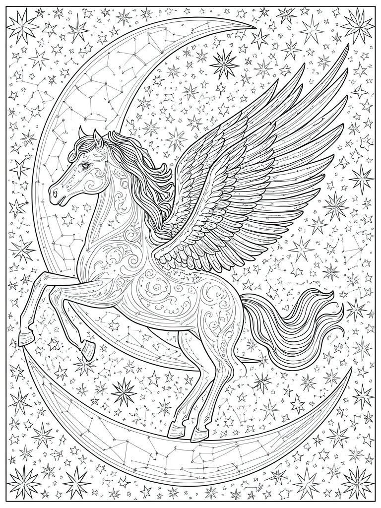 Winged Pegasus on crescent moon amid stars and constellations in line art