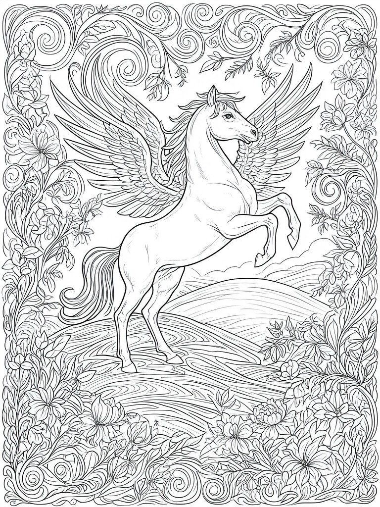 Intricate black-and-white line art of a rearing pegasus amid floral swirls and vines.