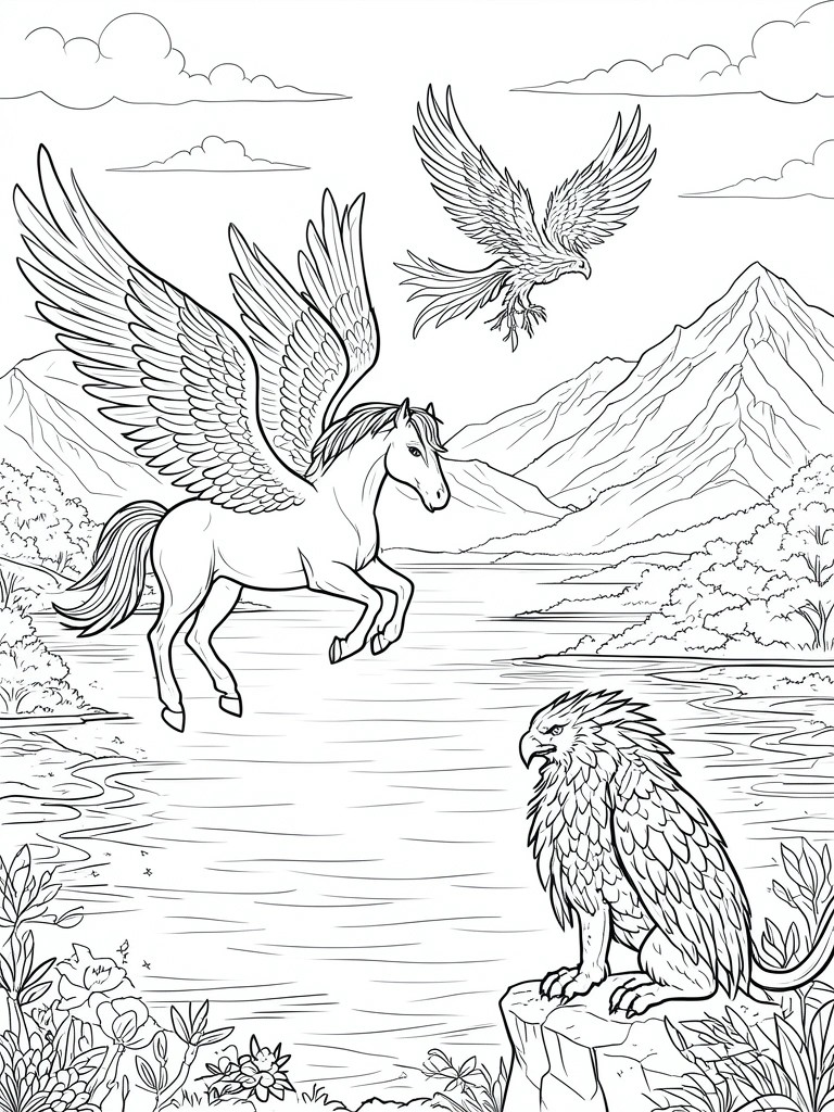 Line art of Pegasus flying over river near perched griffin, eagle in sky, and mountains.