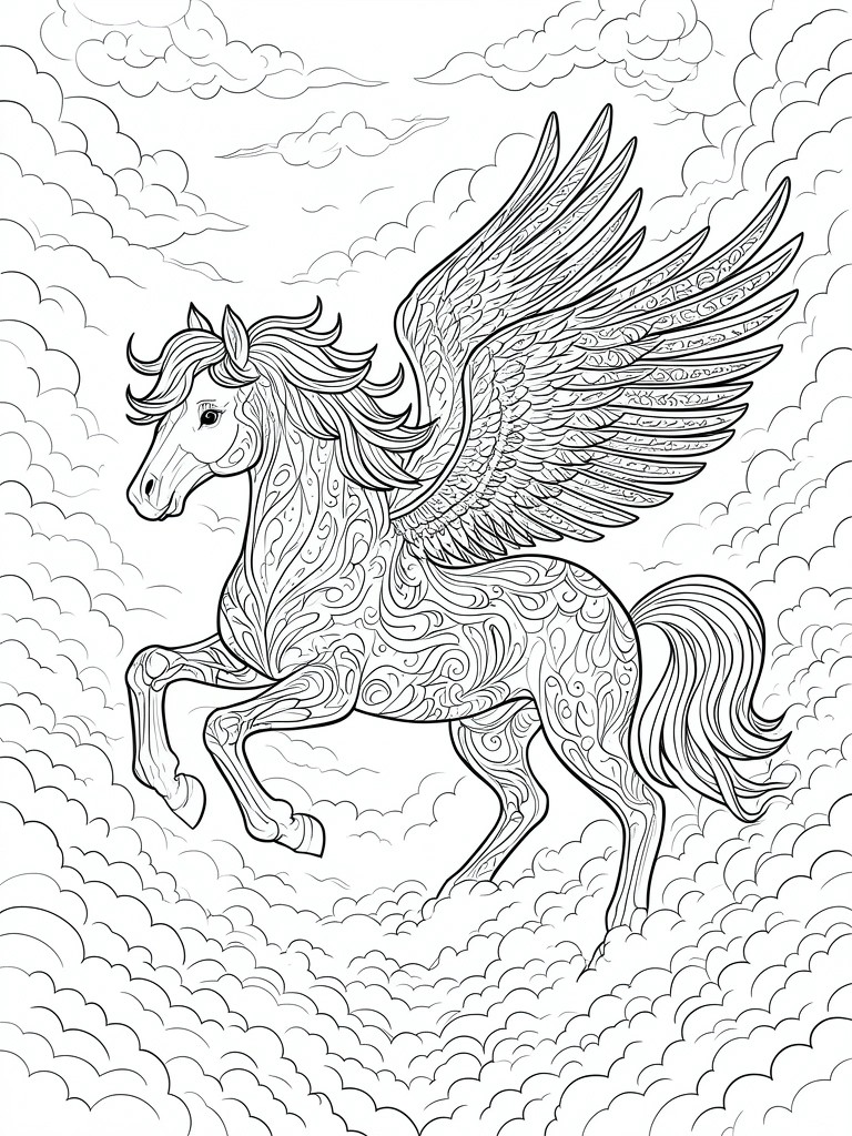 A line drawing of a patterned Pegasus flying through clouds.