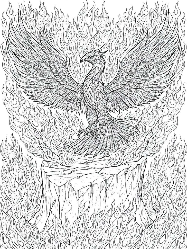 A black and white line drawing of a phoenix with spread wings on a rocky cliff surrounded by flames.