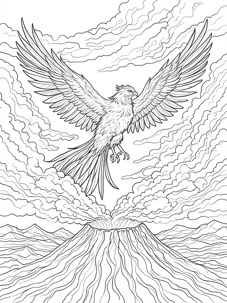 A black and white line drawing of a phoenix with spread wings flying above an erupting volcano with clouds and mountains.