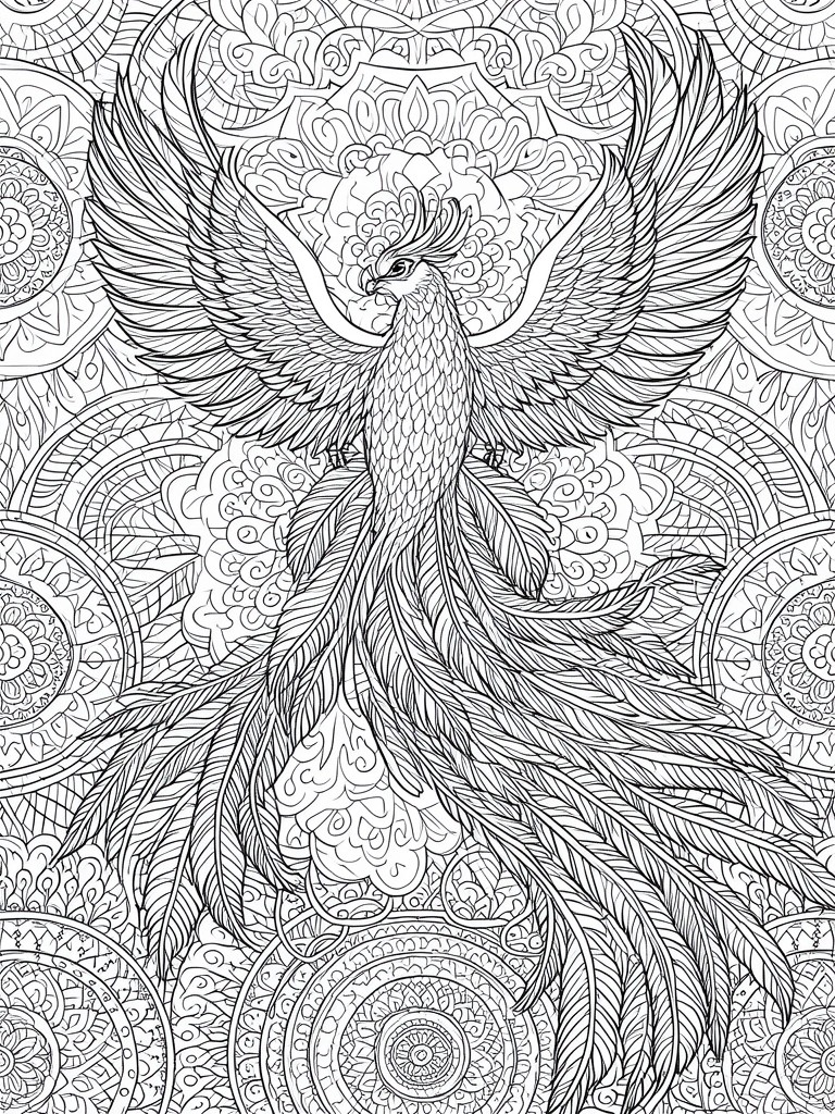 A black and white line drawing of a phoenix with spread wings and long tail feathers centered over mandala-style circular patterns.