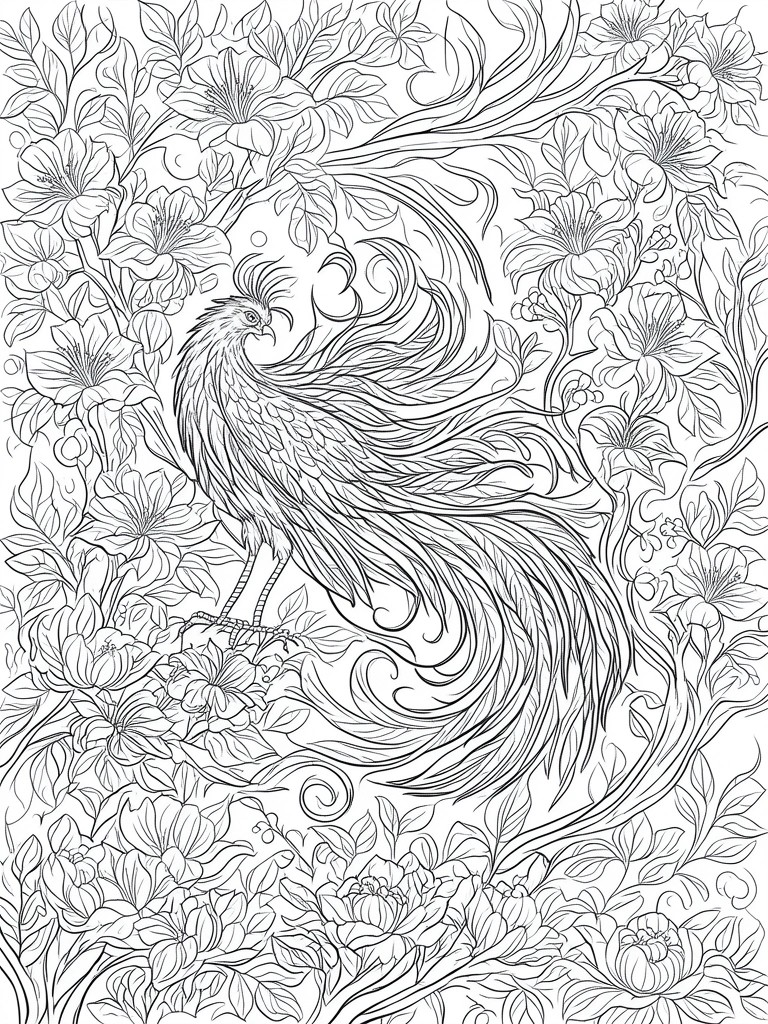 Intricate black-and-white line art of a phoenix amid blooming flowers and foliage