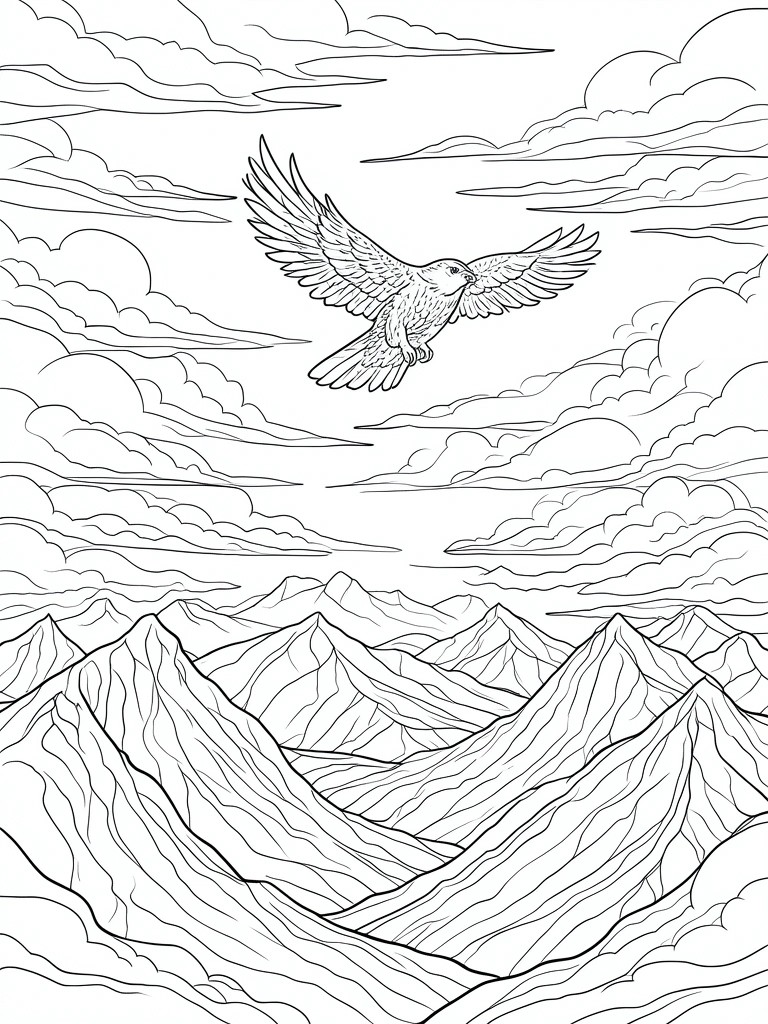 Line drawing of eagle soaring over detailed mountain range under cloudy sky