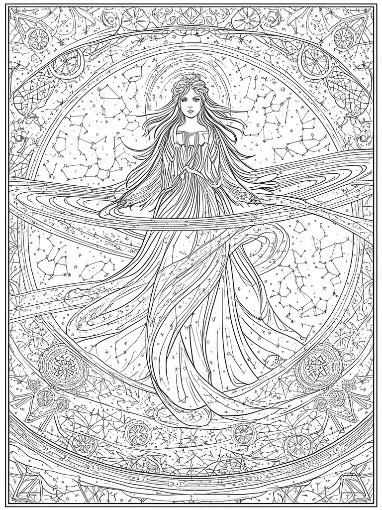 A black and white line drawing of a woman with long flowing hair and dress floating in space surrounded by constellations stars and circular cosmic patterns.
