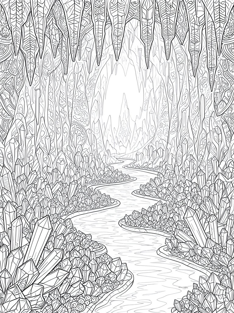 Intricate line art of a crystal cave with winding river and stalactites