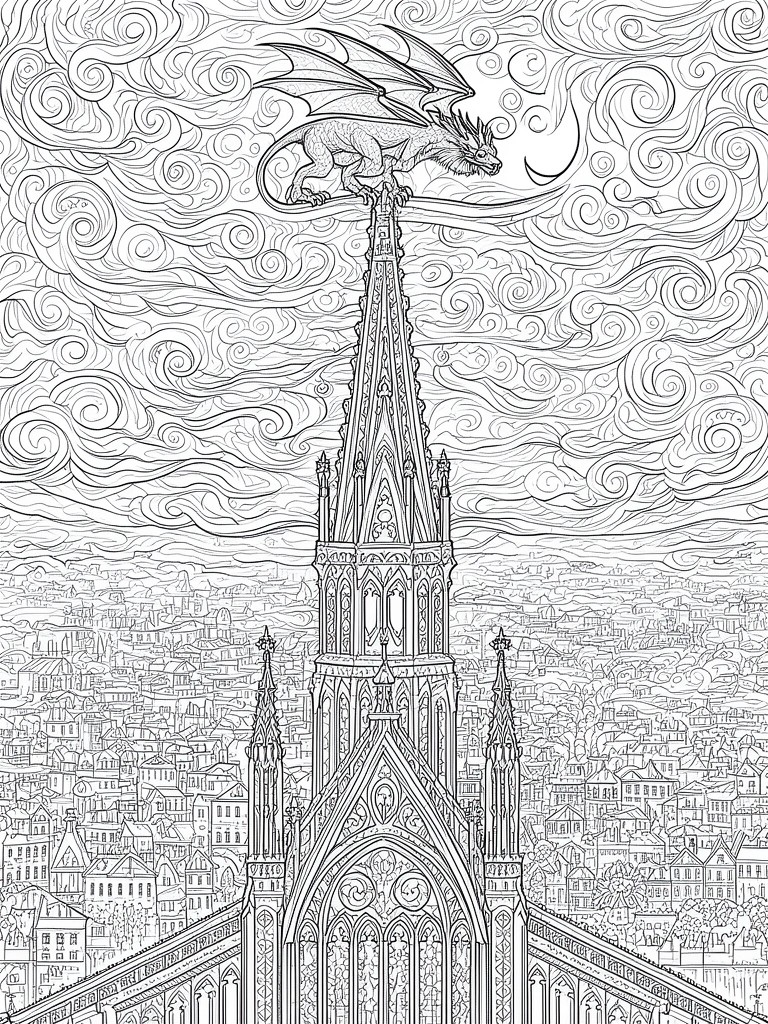 A black and white line drawing shows a dragon perched on a tall gothic cathedral spire above a city with swirling clouds in the sky.