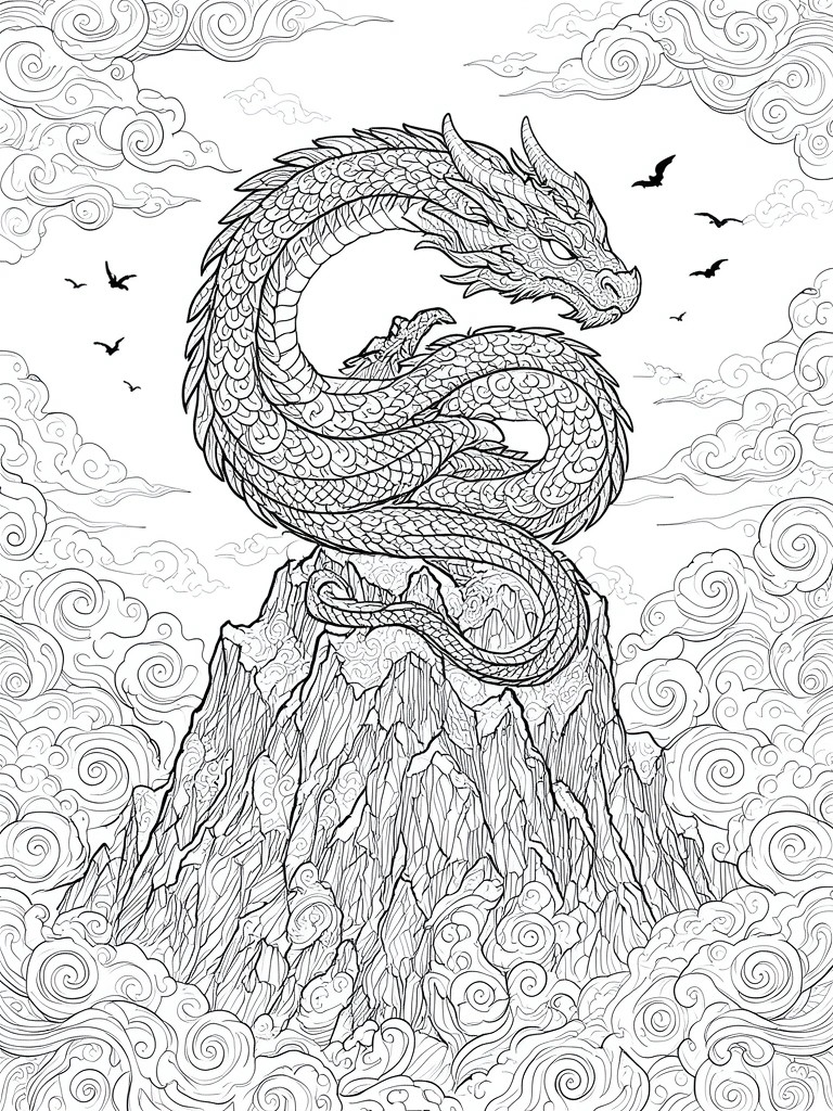 A black and white line drawing of a dragon wrapped around a mountain with clouds and birds in the sky.