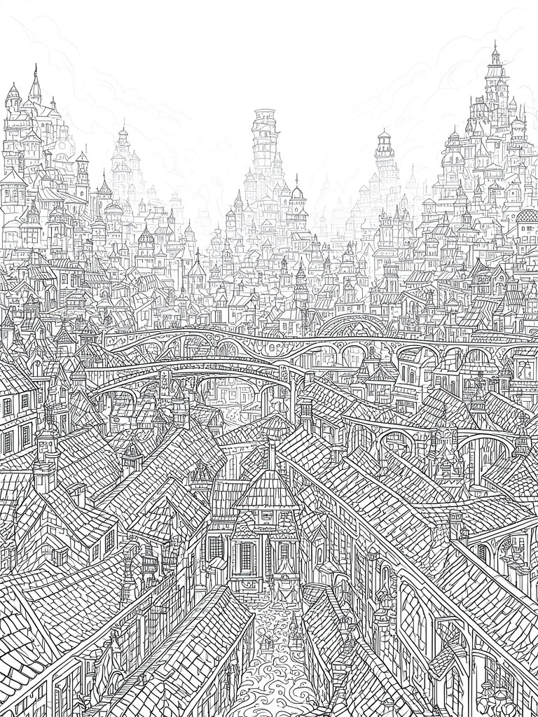 Detailed line drawing of a dense fantasy city with bridges, towers and ornate rooftops