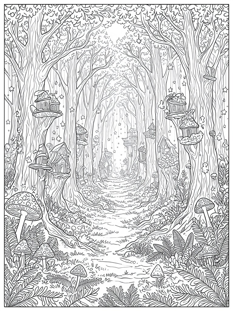 Detailed black-and-white line art of enchanted forest with treehouses, path, and mushrooms.
