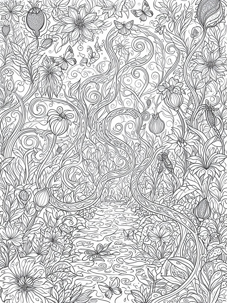 A black and white line drawing of a winding path through dense foliage with large flowers, twisting vines, butterflies, and swirling patterns.