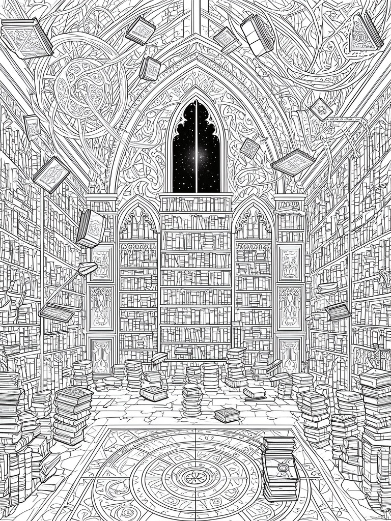 Enchanted library with floating books, towering shelves, starry window, and ornate floor patterns