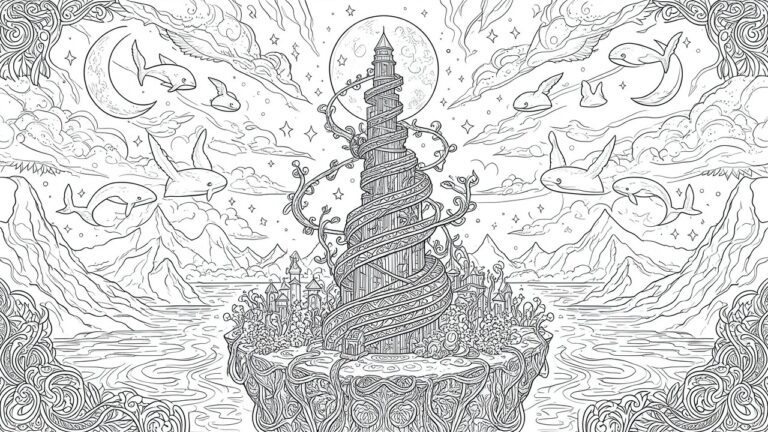 19 Unique Fantasy Coloring Pages for Adults Featuring Magical Worlds and Mythical Adventures Line art of floating island with spiraling tower, winged whales, and crescent moons