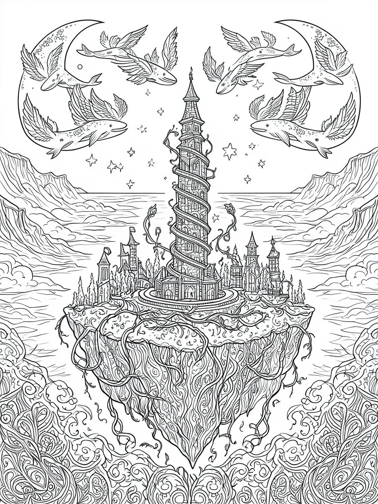 Line art of floating island with spiraling tower, winged whales, and crescent moons