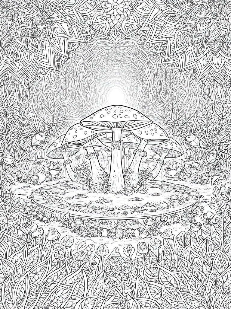 Intricate black-and-white line art of giant mushrooms and fantasy creatures in a forest clearing.