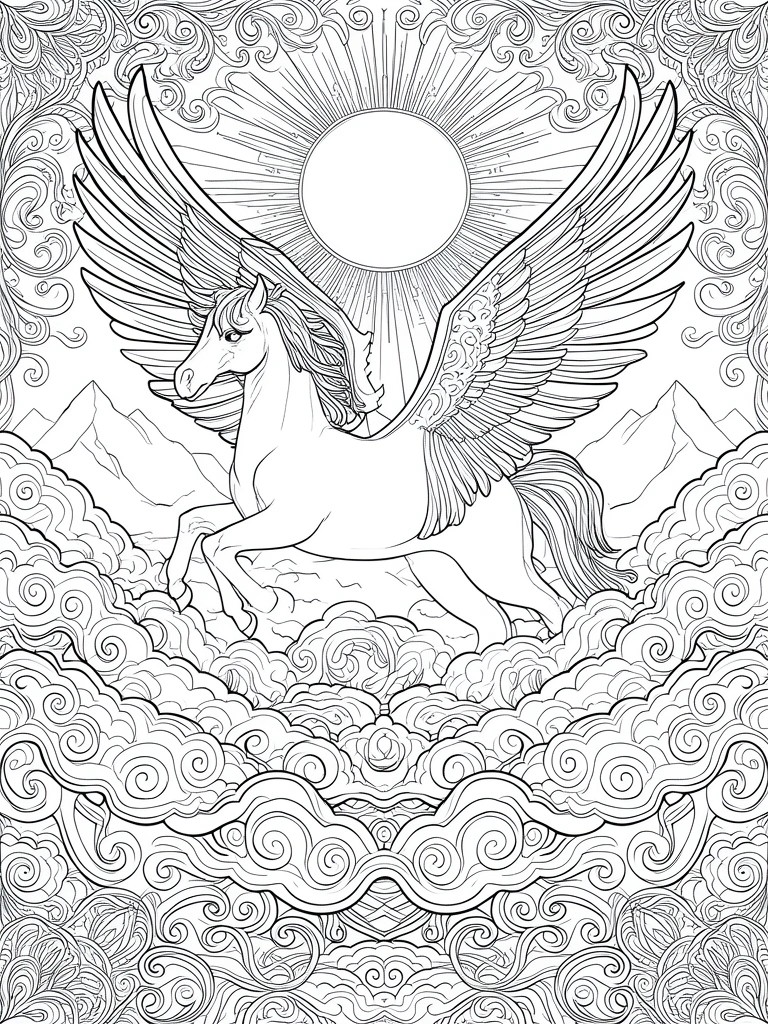 Pegasus soaring above clouds under radiant sun with mountains and swirls