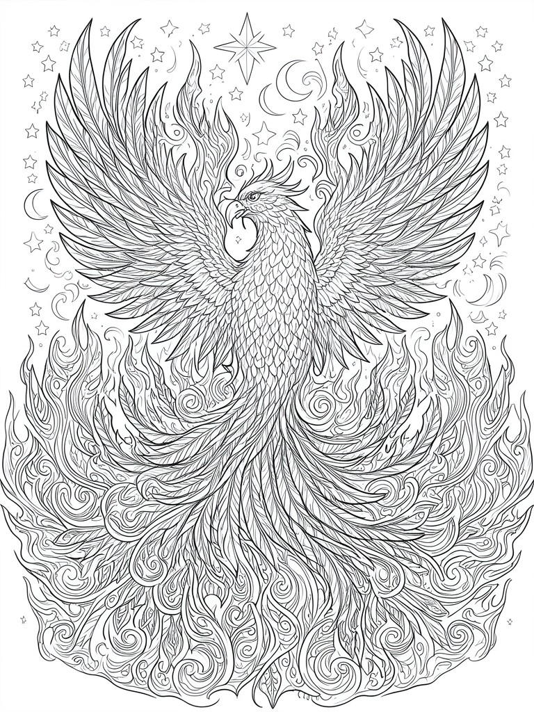 Detailed line drawing of phoenix with spread wings amid flames, stars and moons