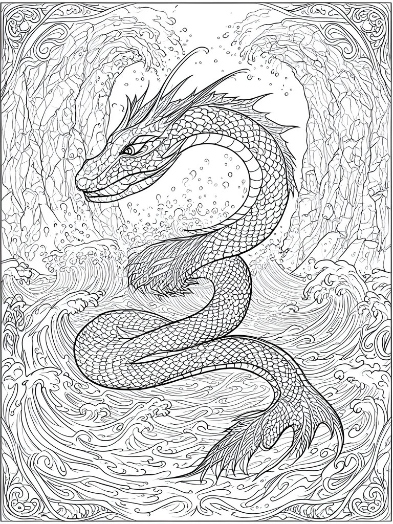 Intricate black-and-white line art of a dragon twisting through stormy ocean waves.