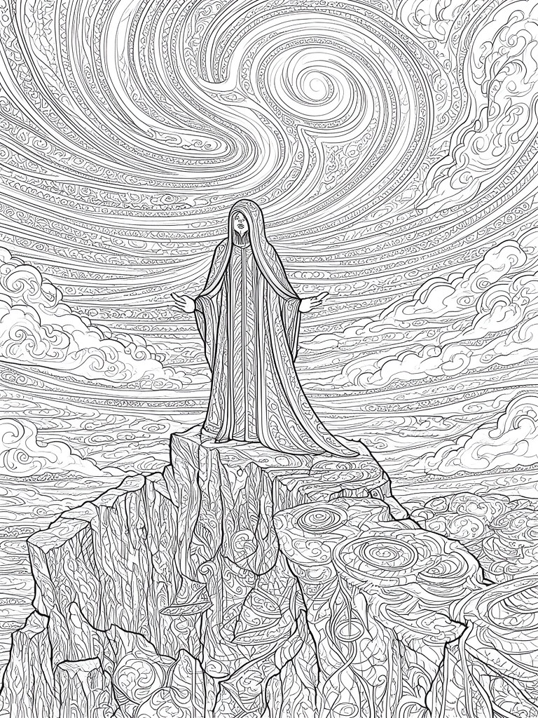 A line drawing of a robed figure standing with arms outstretched on a rocky cliff under a sky filled with large spiral patterns and clouds.