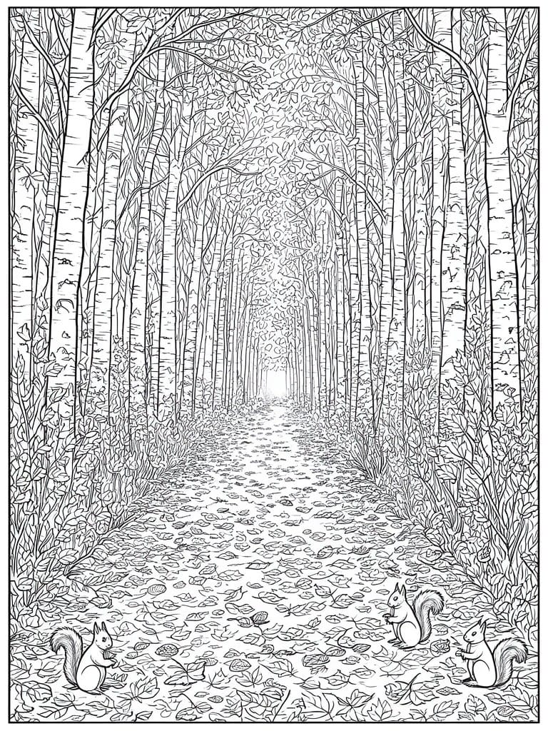 Black and white line drawing of a forest path lined with birch trees, fallen leaves, and three squirrels.