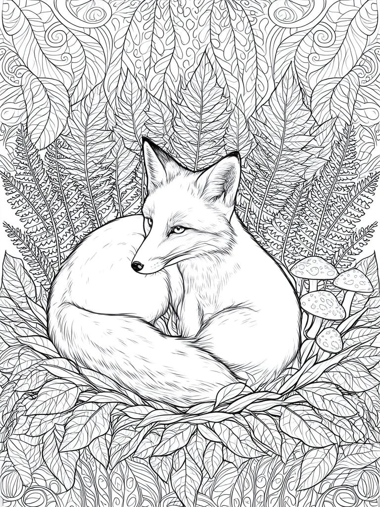 Detailed line drawing of curled fox amid ferns, leaves, and mushrooms.