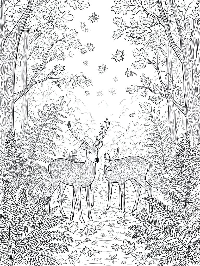 Two deer amid trees and ferns in black-and-white forest line art with falling leaves