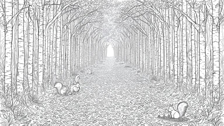 Black and white line drawing of a forest path lined with birch trees, fallen leaves, and three squirrels.