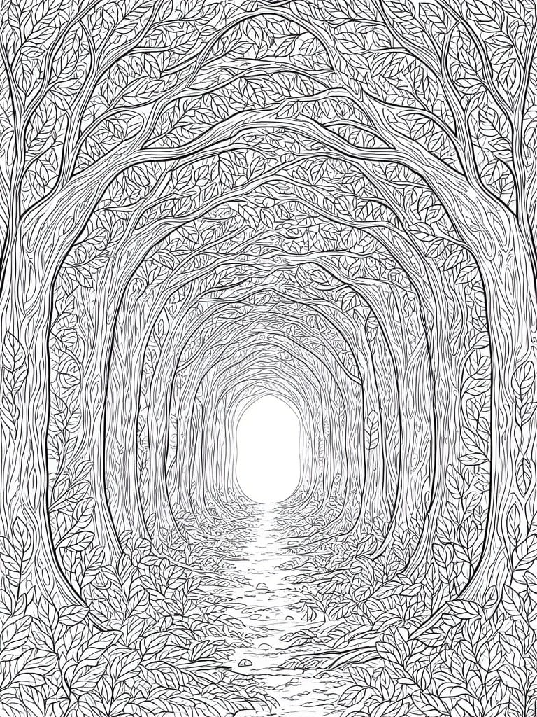 Black and white line art of arched trees forming a leafy forest path tunnel.