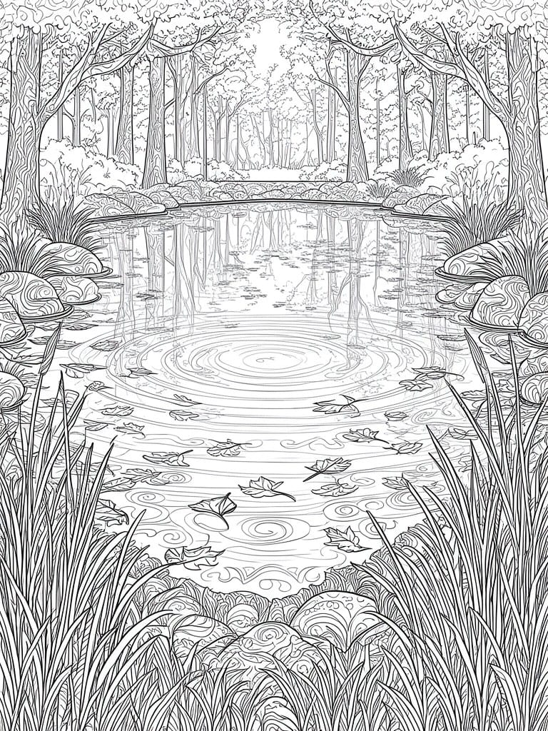 Detailed black and white line art of forest pond with ripples and floating leaves