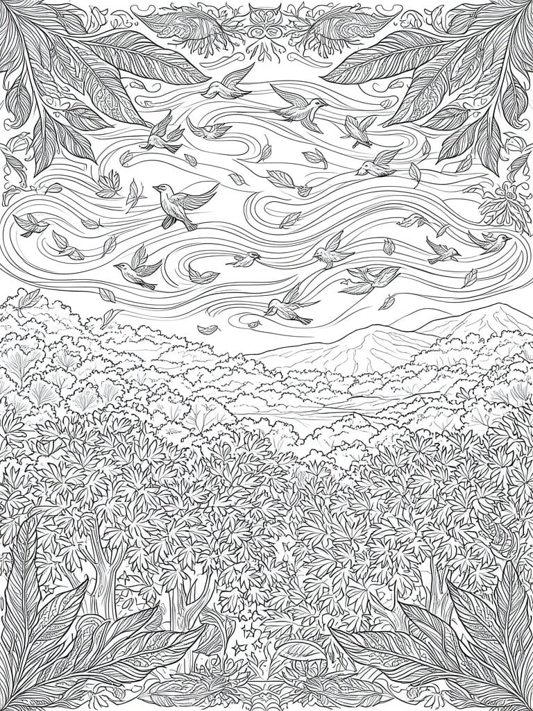 Detailed line art of birds soaring on wind currents above a lush forest and mountains.