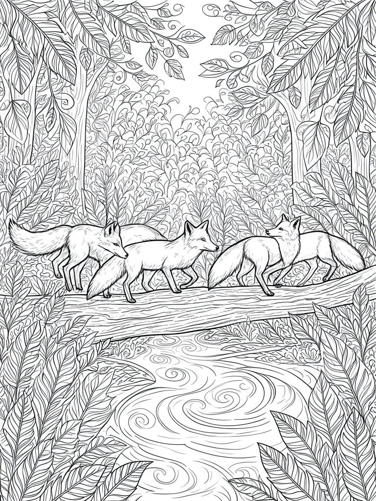 Four foxes crossing a log over a swirling stream in a dense forest line drawing.