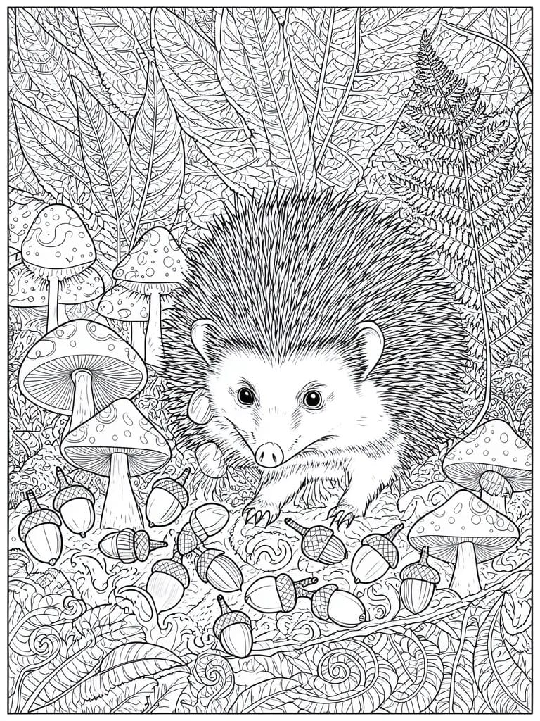 A black and white line drawing of a hedgehog in the center with mushrooms, acorns, leaves, and ferns filling the surrounding forest scene.