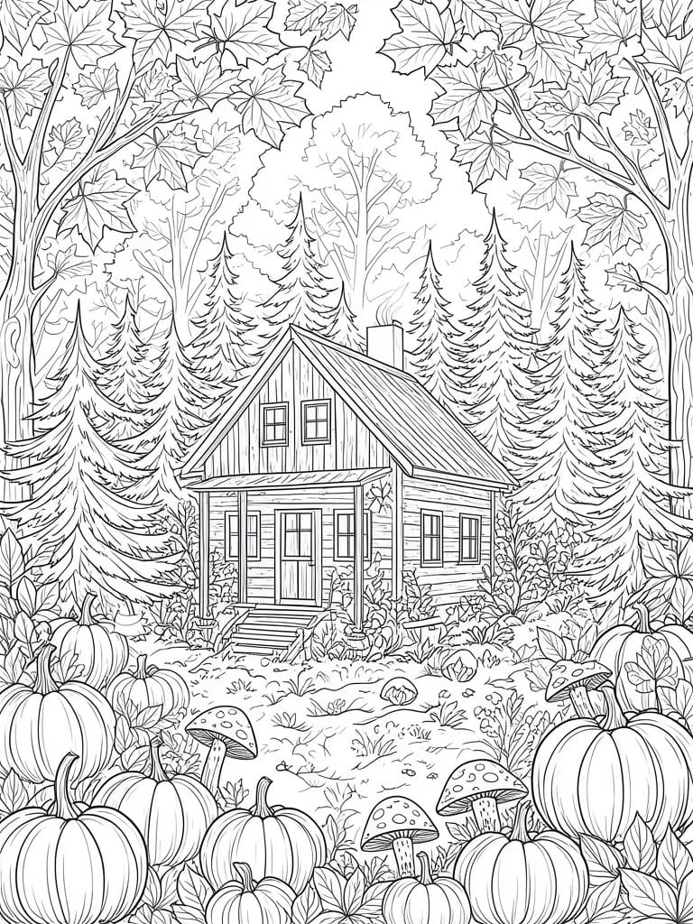 Black-and-white line drawing of a cabin in woods with pumpkins and mushrooms.